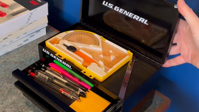 U.S. General mini toolbox used to organize office supplies like pens and sticky notes