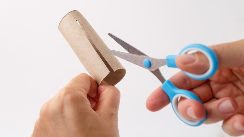 Person cutting toilet paper roll