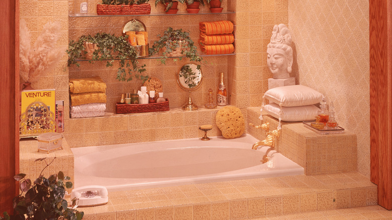 Retro '80s bathroom interior with in ground tub