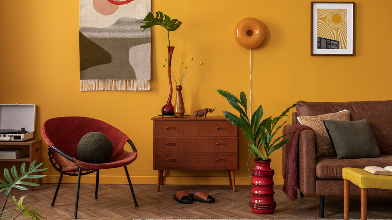 Living room with a yellow accent wall