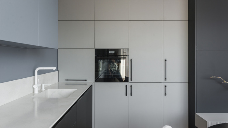 Modern kitchen with seamless appliances and built-in oven