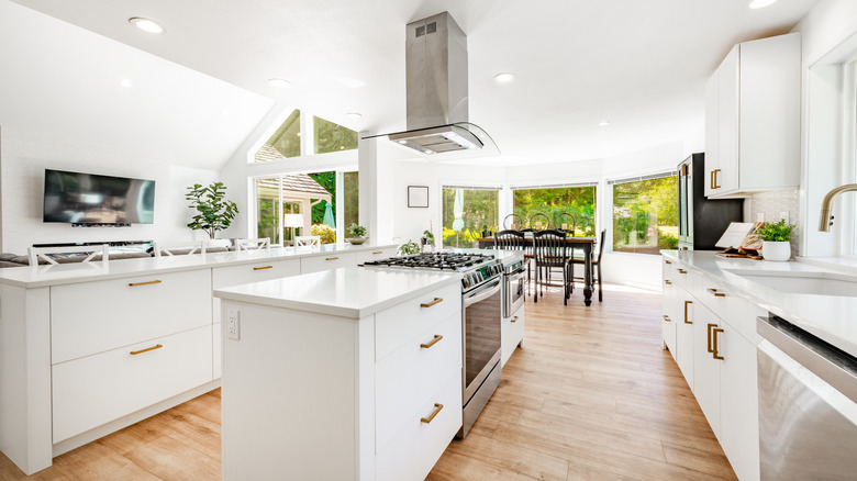 Modern white kitchen with natural hardwood floors