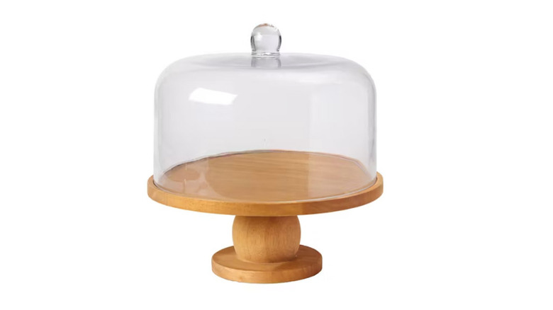 glass and wooden cake stand