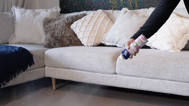A person sprays No Vac on the carpet near a couch.