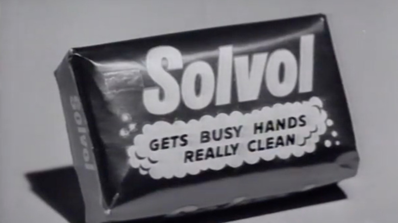 A bar of Solvol soap in an old black-and-white commercial.
