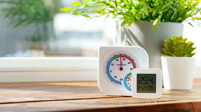 Digital Thermometer Displaying Temperature and Humidity Near Window With Houseplants