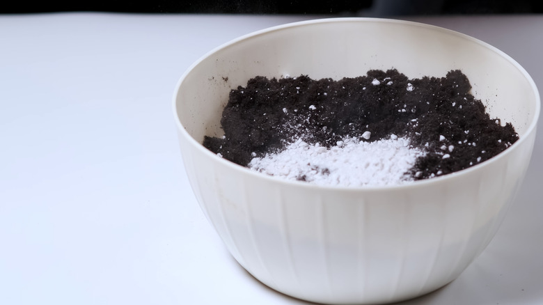 Mixing bowl with potting soil and perlite added