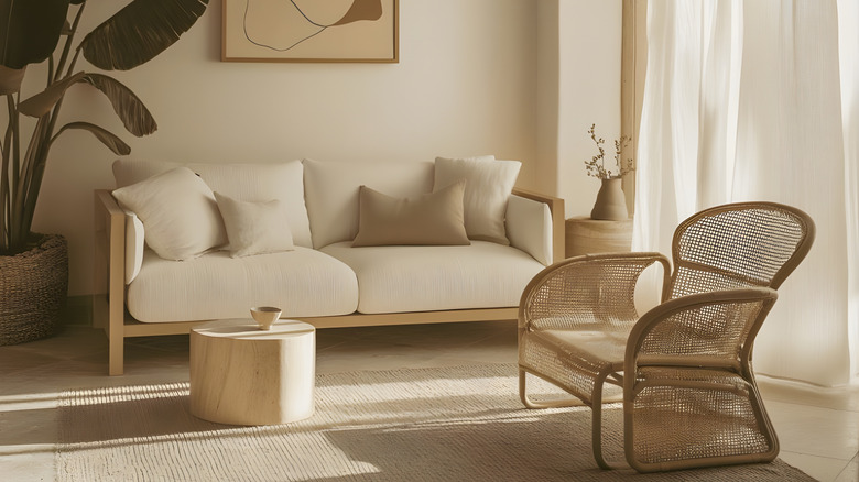 A modern living room with slight, off white walls, rattan and beige furniture, and a white curtain.