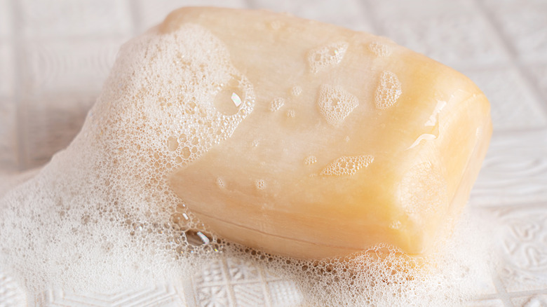 Close-up of a sudsy bar of soap in a shower or bath