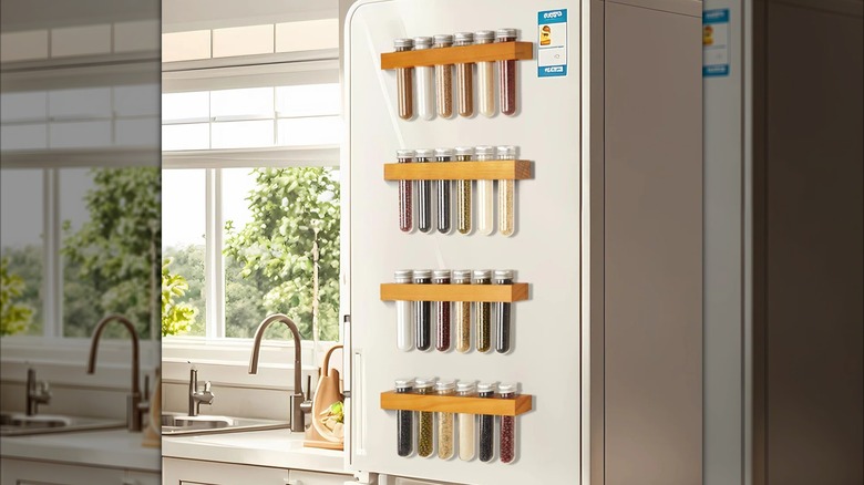 Magnetic spice rack on front of fridge