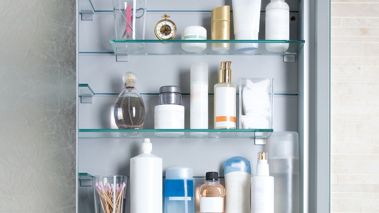 Toiletries in a cabinet that have not been used