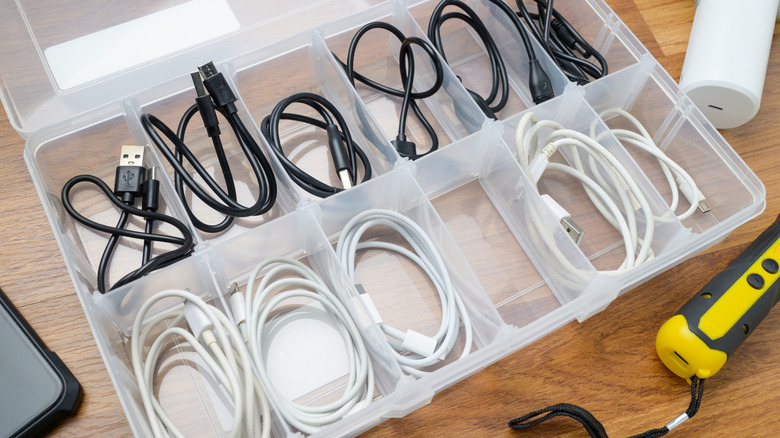 USB cords in a storage container