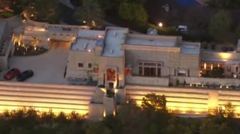 A view from below of the Ennis House in Los Angeles, California.