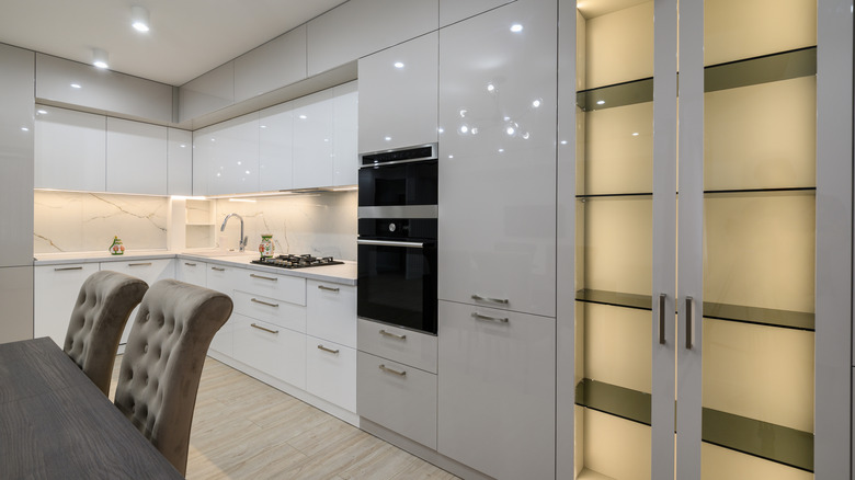 white, high gloss kitchen cabinets in a modern kitchen