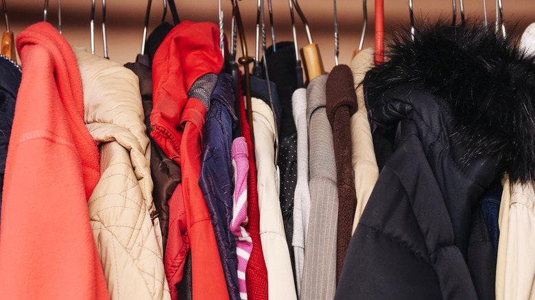 Coats on hangers in coat closet