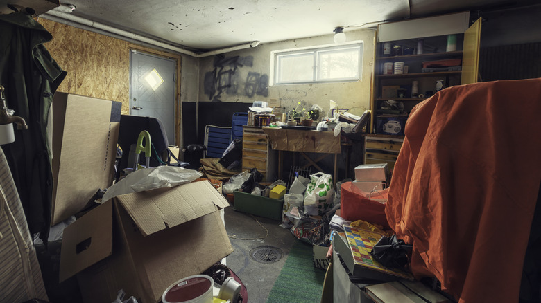 messy residential home basement used for storage