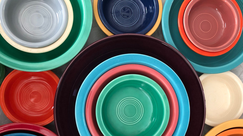 stack of bright ceramic Fiestaware bowls