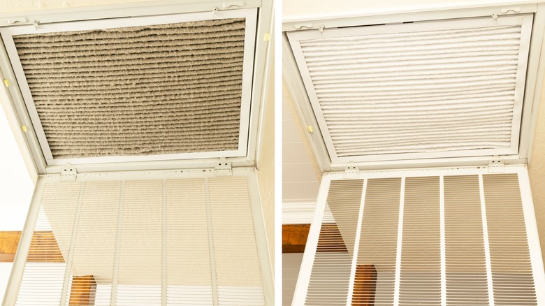 Before and after of cleaned HVAC filter