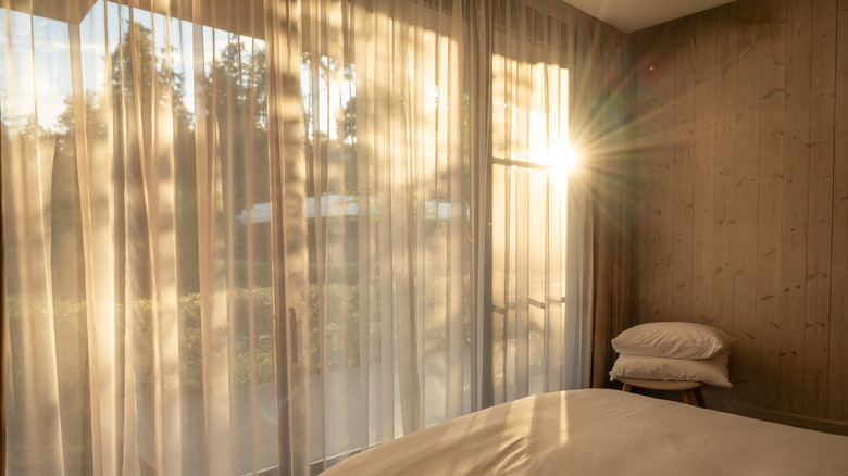 Warm sunlight is streaming through sheer curtains into a cozy bedroom, creating a peaceful and inviting atmosphere in the early morning