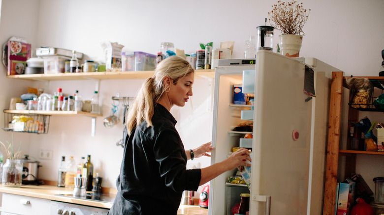 Woman standing in spacious kitchen with plants on top of fridge