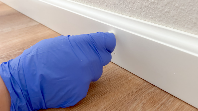 Gloved hand wiping baseboard