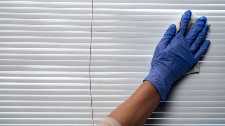 Cleaner with glove wiping window blinds