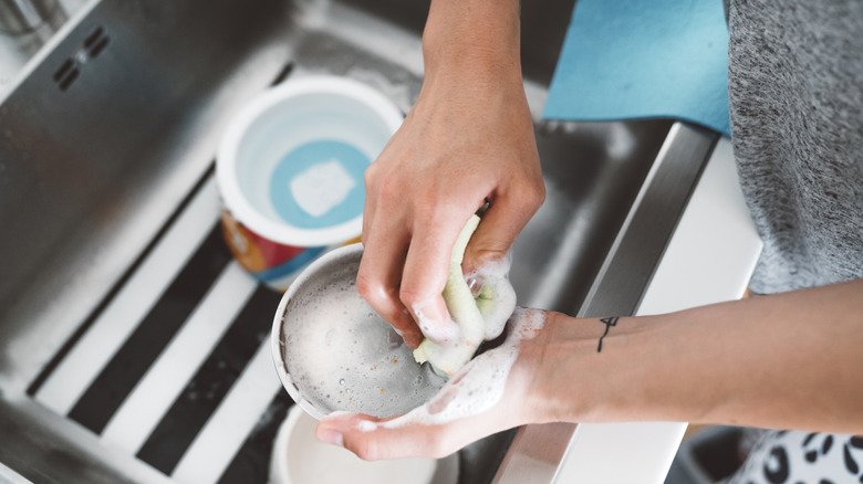 woman scrubbing stainless steel pet bowl in sink