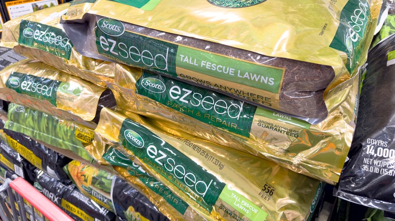 Bags of grass seed piled up at the store