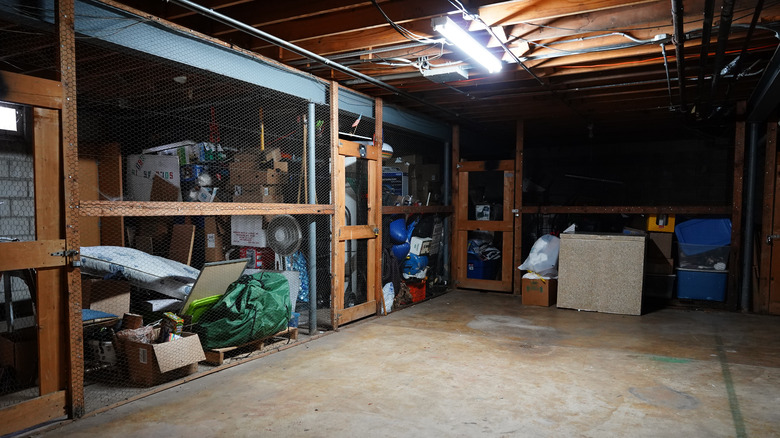 dark basement with storage 