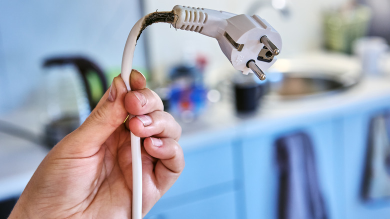 close up of a hand holding burned out appliance cord