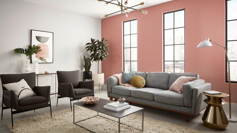 Living room with Coral Clay accent wall.