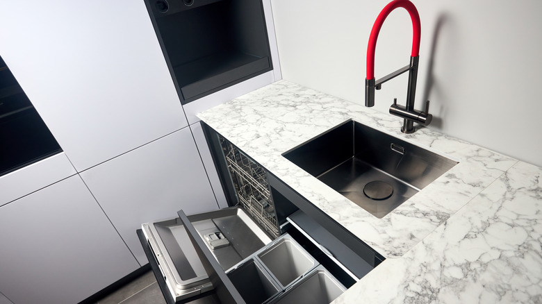 Marble-patterened laminate counters in a new kitchen.