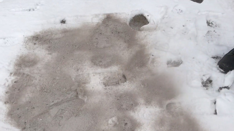 gray wood ash being spread on snow
