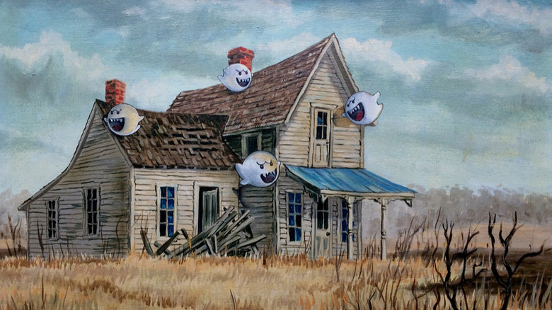 Print of an old, dilapidated house has ghosts painted into it.