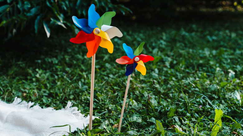 Two colorful pinwheels in ground