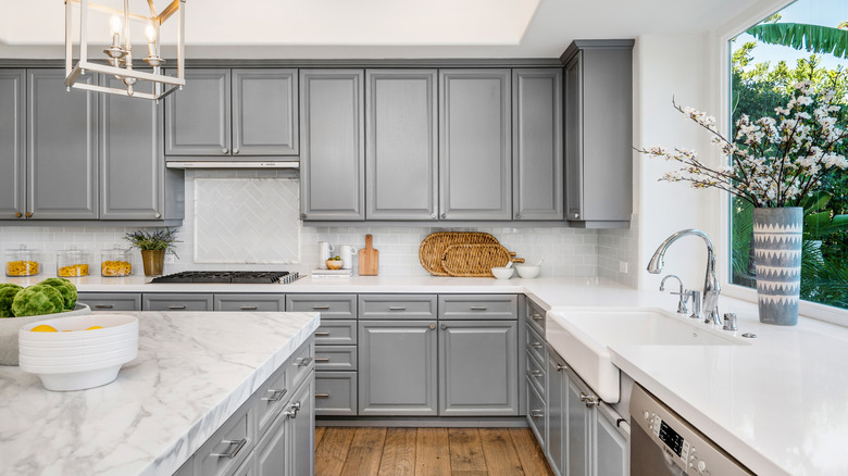 kitchen with gray cabinets