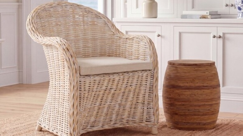 A wicker armchair in a modern living room