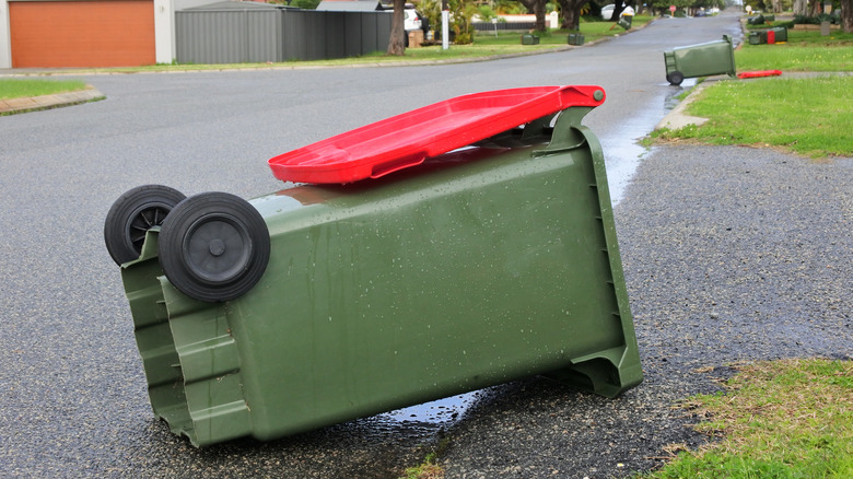 Green trash can sideways