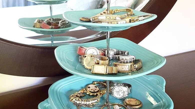 Tiered cake tray used as jewelry holder