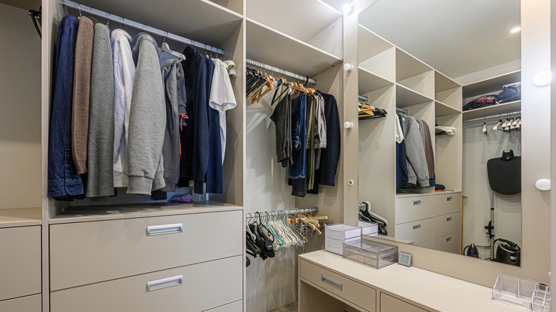 Small walk-in closet with a large mirror on one side