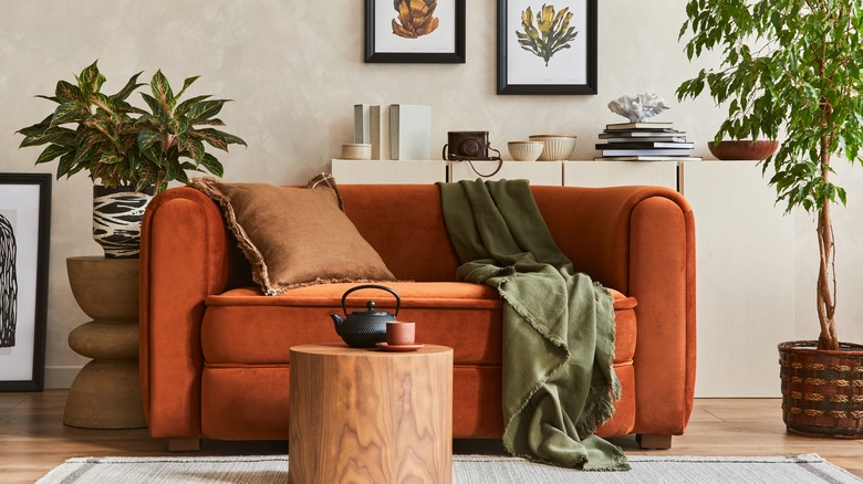 Living area with orange couch