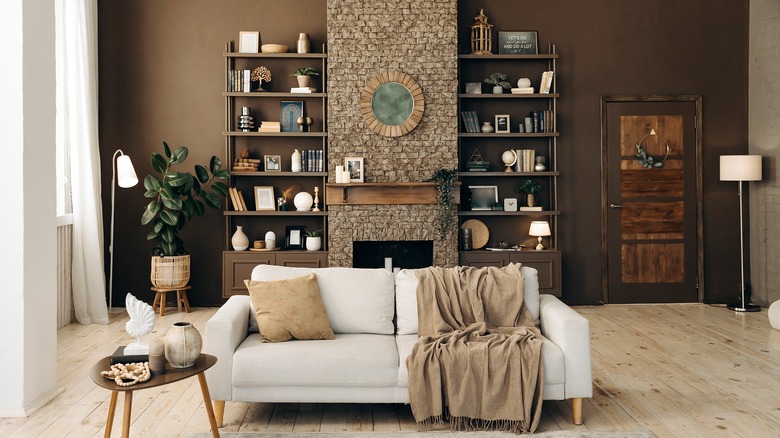 Filled shelves in living room