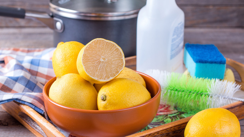 Lemons, vinegar, and cleaning products 