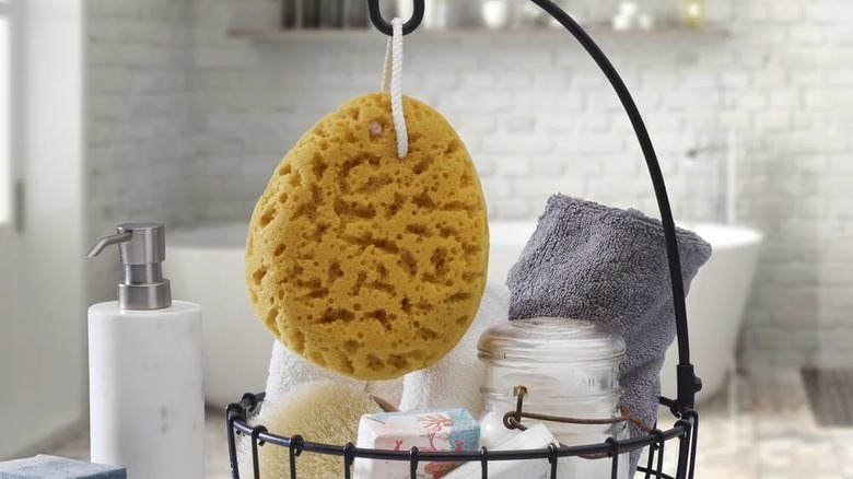 A sponge hangs from a banana hook of a fruit bowl filled with bathroom supplies.