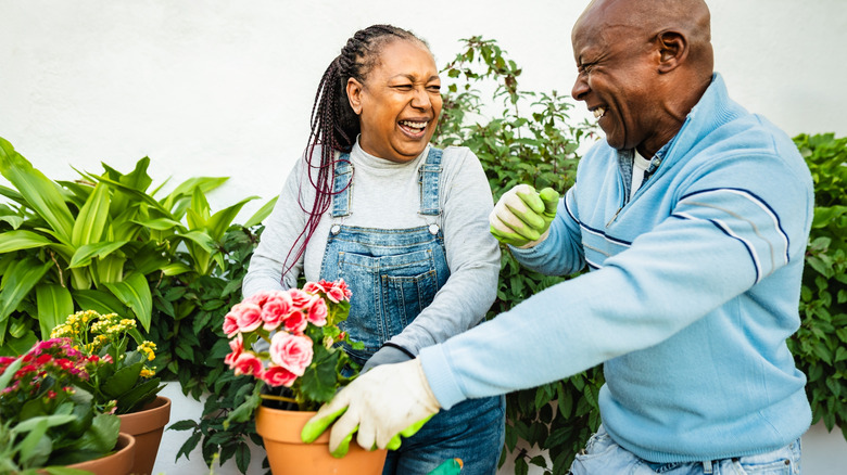 A smiling couple work together potting flowers.