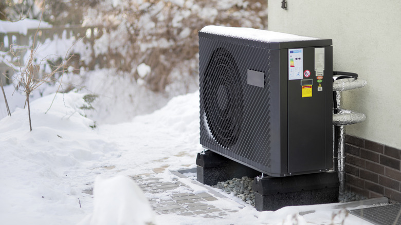 Heat pump with snow around it