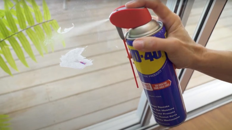 WD-40 spray removing paint from glass