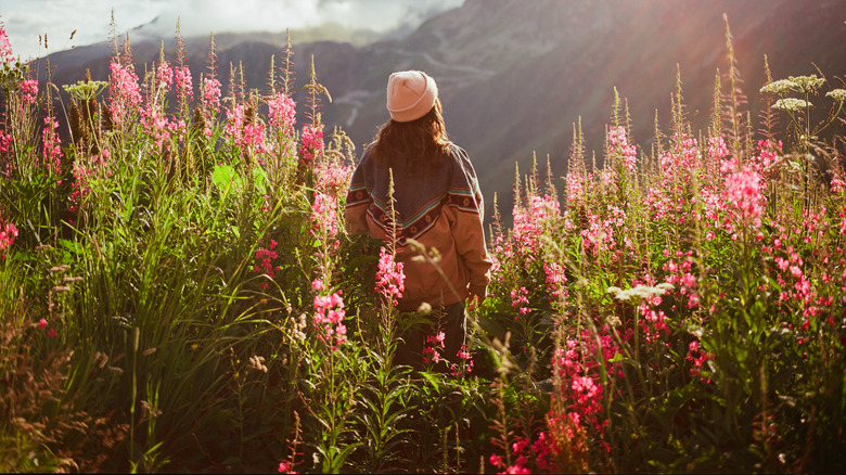 Woman walking through a colorful meadow