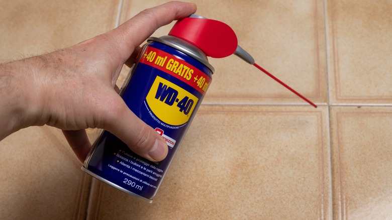 Person spraying WD-40 on floor