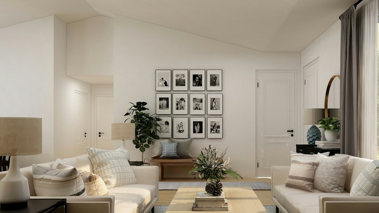 living room with gallery wall using wide mats and uniform frames